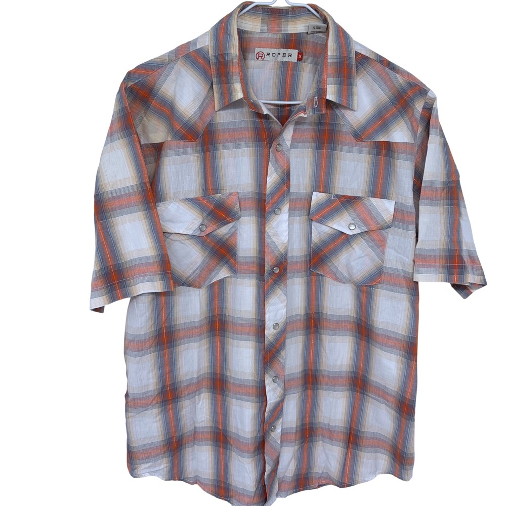 Roper Pearl Snap Western Shirt Men's Medium Plaid Orange‎ White Rodeo Cowboy